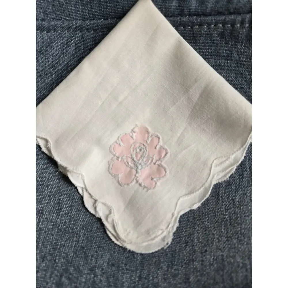 Set of 4 Vintage Hand Embroidered Napkins Handkerchiefs White Pink Floral